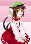  1girl animal_ears brown_hair cat_ears cat_tail chen earrings female hat jewelry multiple_tails short_hair skirt smile solo tail touhou yellow_eyes 