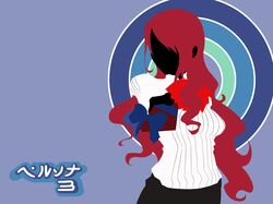  1girl atlus bangs blue_background bow breasts copyright_name crossover eu03 faceless feel_the_magic flat_color foreshortening gift hair_over_breasts hair_over_one_eye highres kimi_no_tame_nara_shineru kirijou_mitsuru large_breasts long_hair looking_at_viewer outstretched_arm parody persona persona_3 redhead school_uniform shirt sidelocks silhouette simple_background skirt solo striped striped_shirt swept_bangs turtleneck upper_body very_long_hair wallpaper wavy_hair 