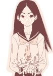  1girl bangs black_hair gusu kitsu_chiri long_hair lowres monochrome oekaki parted_bangs pink sayonara_zetsubou_sensei school_uniform serafuku shovel solo worktool 