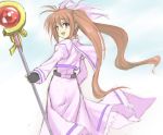 1girl :d belt black_gloves brown_eyes brown_hair buckle capelet dress fingerless_gloves gloves long_sleeves looking_at_viewer lyrical_nanoha magical_girl mahou_shoujo_lyrical_nanoha mahou_shoujo_lyrical_nanoha_strikers open_mouth pink_dress polearm raising_heart rod satou_takeshi smile solo sphere staff takamachi_nanoha twintails uniform weapon 