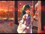  1girl akino_komichi autumn autumn_leaves broom building detached_sleeves female forest green_eyes green_hair highres holding kochiya_sanae long_hair long_sleeves looking_at_viewer nature outdoors pillar plant shacchi shrine solo sunlight sunset touhou tree 