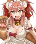  1girl animal_ears apron bad_id bad_pixiv_id bell bell_collar breasts cleavage collar fang fate/grand_order fate_(series) fox_ears fox_tail hair_ribbon highres large_breasts long_hair looking_at_viewer naked_apron open_mouth paws pink_hair ribbon simple_background solo tail tamamo_(fate)_(all) tamamo_cat_(fate) tokage_(lovemaster9029) white_background yellow_eyes 