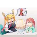  2girls :d ^_^ blush breasts closed_eyes collared_shirt dragon_girl dragon_horns dragon_tail egg egg_yolk eyebrows_visible_through_hair fork glasses gloom_(expression) gloves gradient gradient_background head_tilt holding holding_fork holding_knife hood hoodie horns knife kobayashi-san_chi_no_maidragon kobayashi_(maidragon) large_breasts little_witch_academia long_hair long_sleeves maid maid_headdress motion_lines multiple_girls necktie open_mouth parted_lips ponytail puffy_short_sleeves puffy_sleeves red_necktie redhead rimless_glasses shirt short_sleeves sitting smile speech_bubble tail tooru_(maidragon) twintails wavy_mouth white_gloves white_shirt wing_collar xin_yu_hua_yin 