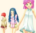  banpresto blue_hair blush despinis dress drill_hair fiona_gureden green_eyes long_hair open_mouth pink_hair redhead sanbanme short_hair skirt super_robot_wars tis 