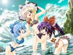  3girls :d ;d ass bathing bikini blonde_hair blue_bikini blue_eyes blue_hair blush braid casual_one-piece_swimsuit cirno day female from_behind hakurei_reimu hat ice ice_wings kirisame_marisa looking_at_viewer looking_back multiple_girls one-piece_swimsuit one_eye_closed open_mouth outdoors river single_braid smile swimsuit the_embodiment_of_scarlet_devil touhou wading water white_swimsuit wings witch_hat 