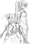 2girls ahoge dress from_side graf_eisen height_difference holding holding_sword holding_weapon levantine long_hair long_sleeves lyrical_nanoha mahou_shoujo_lyrical_nanoha mahou_shoujo_lyrical_nanoha_a&#039;s monochrome multiple_girls ponytail profile signum simple_background sketch standing sword uka uniform unsheathed very_long_hair vita weapon whip_sword white_background 