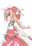  1girl bare_shoulders beret blue_eyes braid bunny_hair_ornament dress from_side graf_eisen hair_ornament hammer hat holding holding_weapon long_hair lyrical_nanoha mahou_shoujo_lyrical_nanoha mahou_shoujo_lyrical_nanoha_a&#039;s orange_hair polearm profile red_dress simple_background sketch sleeveless sleeveless_dress solo twin_braids uka very_long_hair vita weapon white_background 