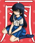  1girl black_hair black_legwear blue_skirt brown_eyes denpa_teki_na_kanojo denpatekina_kanojo furafura kanji kneehighs long_hair looking_at_viewer neckerchief ochibana_ame pleated_skirt red_background sailor_collar school_uniform serafuku shirt simple_background sitting skirt solo very_long_hair wariza white_shirt 