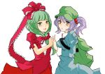  2girls backpack bag dress female front_ponytail hair_bobbles hair_ornament hair_ribbon hat kagiyama_hina kawashiro_nitori multiple_girls randoseru ribbon touhou 