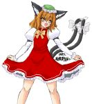  1girl animal_ears cat_ears cat_tail chen earrings fang female hat jewelry multiple_tails orange_hair ribbon simple_background solo tail tail_ribbon touhou yellow_eyes 
