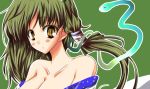  1girl animal asymmetrical_hair bare_shoulders breasts brown_eyes cleavage collarbone detached_sleeves female green_hair kochiya_sanae large_breasts long_hair looking_at_viewer orimoto_asami out-of-frame_censoring snake solo touhou 