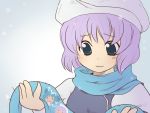  1girl aoi_tobira beret black_eyes blue_scarf child_drawing female hat holding lavender_hair letty_whiterock scarf short_hair smile solo touhou upper_body winter_clothes 