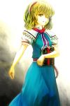  1girl alice_margatroid blonde_hair blue_dress book capelet circlek dress female hairband looking_at_viewer one_eye_closed puffy_short_sleeves puffy_sleeves red_ribbon ribbon sash short_hair short_sleeves solo string touhou yellow_eyes 