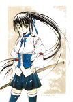  black_hair brown_eyes corset katana long_hair moonsorrow ponytail sword thigh-highs weapon zettai_ryouiki 