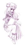  1girl book crescent dress female foreshortening graphite_(medium) hands hat long_hair looking_at_viewer monochrome open_mouth patchouli_knowledge purple robe seductive_smile sitting sketch smile solo touhou traditional_media usa_(artist) usaki_(ama) 