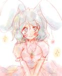  1girl animal_ears blush dress eternity_moon female grey_eyes inaba_tewi looking_at_viewer orimoto_asami pink_dress puffy_short_sleeves puffy_sleeves rabbit_ears short_sleeves silver_hair simple_background sketch solo touhou v_arms white_background 