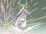  1girl blue_eyes bow bowtie brown_hair dress fingerless_gloves gloves long_sleeves looking_at_viewer lyrical_nanoha magazine_(weapon) magical_girl mahou_shoujo_lyrical_nanoha mahou_shoujo_lyrical_nanoha_strikers raising_heart red_bow red_bowtie redhead shoes solo takamachi_nanoha thigh-highs twintails white_dress white_legwear winged_shoes wings zettai_ryouiki 