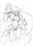  1girl cropped_legs gauntlets knee_pads long_hair looking_at_viewer lyrical_nanoha mahou_shoujo_lyrical_nanoha mahou_shoujo_lyrical_nanoha_strikers midriff monochrome navel open_fly revealing_clothes revolver_knuckle short_shorts shorts simple_background sketch solo standing stomach subaru_nakajima uka very_long_hair white_background 
