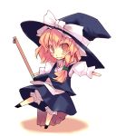  1girl apron black_dress blonde_hair bloomers braid broom broom_riding brown_eyes chibi dress female frills hat kirisame_marisa looking_at_viewer simple_background single_braid solo tamaki_fuyu touhou underwear waist_apron white_background witch_hat 