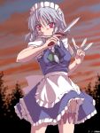  1girl between_fingers braid dawy female izayoi_sakuya knife mouth_hold short_hair silver_hair solo thigh_strap throwing_knife touhou twin_braids weapon 
