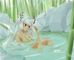  00s 1girl 2007 artist_name bamboo bamboo_forest bathing blush bow breasts dated female forest fujiwara_no_mokou hair_bow long_hair nature nude red_eyes silver_hair solo sora_(pooshlmer) touhou water watermark 