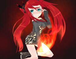  1girl blue_eyes dress fire fukunaga kneeling original redhead solo sweater_dress 