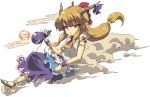  1girl alcohol armlet bangs blonde_hair blunt_bangs bow eyebrows eyebrows_visible_through_hair female frilled_bow frills full_body gourd hair_bow hino_hikaru horn_bow horn_ornament ibuki_suika long_hair looking_at_viewer low-tied_long_hair necktie oekaki red_bow red_eyes red_necktie ribbon-trimmed_skirt rope sake sandals sleeveless smoke solo tassel tattoo tied_hair touhou wrist_cuffs yellow_eyes 