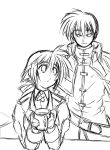  1boy 1girl :o amy_limiette belt blush buckle chrono_harlaown cup dress holding long_sleeves looking_back lyrical_nanoha mahou_shoujo_lyrical_nanoha mahou_shoujo_lyrical_nanoha_strikers monochrome pants parted_lips simple_background sketch standing white_background 