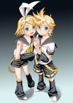  1boy 1girl bad_id blonde_hair blue_eyes brother_and_sister hand_holding kagamine_len kagamine_rin mattaku_mousuke siblings twins vocaloid 
