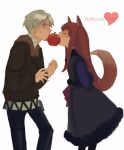  1boy 1girl apple craft_lawrence food fruit heart holding holding_fruit holo spice_and_wolf tail valentine 