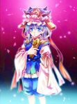  1girl aqua_eyes blush bow cherry_blossoms female grey_hair hand_on_another&#039;s_chest hand_on_own_chest hat petals ribbon rod_of_remorse shiki_eiki short_hair solo taki_tarou takitarou touhou wide_sleeves 