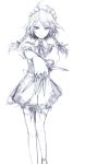  1girl ahoge apron between_fingers braid female foreshortening garter_straps izayoi_sakuya knife light_smile maid maid_apron maid_headdress monochrome short_hair solo standing thigh-highs throwing_knife touhou twin_braids usa_(artist) usaki_(ama) waist_apron weapon 