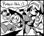  3girls :d alice_margatroid animal_ears blush book capelet female frills grimoire grin hairband inaba_tewi kirisame_marisa looking_at_viewer lowres monochrome multiple_girls o_o open_mouth outstretched_arms pointing pointing_at_viewer rabbit_ears short_hair smile talking teeth text touhou upper_body xexu 