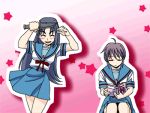  ahoge animated animated_gif asakura_ryouko caramelldansen dancing knife lowres nagato_yuki panties pantyshot sentape suzumiya_haruhi_no_yuuutsu underwear 