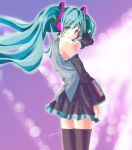  1girl aqua_hair arm_at_side artist_name back black_legwear black_skirt blurry blush bokeh closed_mouth collared_shirt cowboy_shot cyprus depth_of_field detached_sleeves floating_hair glowing grey_shirt hair_between_eyes hair_ornament hand_in_hair hand_on_own_head hatsune_miku headphones light_smile long_hair looking_at_viewer miniskirt necktie pleated_skirt purple_background shirt skirt solo standing tagme thigh-highs twintails vocaloid zettai_ryouiki 