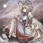  1girl armlet bad_id brown_eyes clouds cloudy_sky dress female full_body full_moon ken_(coffee_michikusa) loafers long_sleeves looking_at_viewer moon shoes sidelocks sitting sky solo tabard touhou white_dress yakumo_yukari 