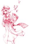  1girl butterfly closed_fan fan female folding_fan graphite_(medium) hat japanese_clothes kimono monochrome red saigyouji_yuyuko short_hair solo touhou traditional_media usa_(artist) usaki_(ama) 