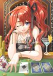  1girl ace bare_shoulders blue_eyes bow bracelet breasts card cleavage coin glass gold hair_bow holding holding_card jewelry large_breasts long_hair necklace one_eye_closed original playing_card playing_games ponytail redhead ribbon sitting solo tattoo wink yuu_(yuyukaikan) 