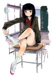  1girl bad_id black_hair blush classroom desk feet footwear legs legs_crossed long_hair mago on_desk original school_uniform serafuku single_shoe sitting sitting_on_desk sock_pull socks solo violet_eyes 