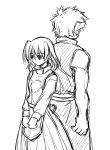  1boy 1girl back-to-back blush dress height_difference long_sleeves lyrical_nanoha mahou_shoujo_lyrical_nanoha mahou_shoujo_lyrical_nanoha_a&#039;s monochrome own_hands_together shamal short_hair simple_background sketch standing uka v_arms white_background zafira 