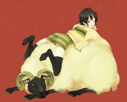  1girl black_hair brown_eyes ie ie_(mochi) lying one_eye_closed original sheep short_hair solo thigh-highs wink 