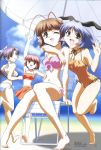  00s 4girls :d antenna_hair barefoot beach beach_umbrella bikini blue_eyes blue_hair brown_eyes brown_hair chair feet front-tie_top fujie_sana highres inohara_haruhi long_hair multiple_girls navel official_art okamura_masahiro one-piece_swimsuit ootori_tsubasa open_mouth ponytail purple_hair red_eyes redhead scan short_hair side-tie_bikini sitting smile swimsuit touno_senna violet_eyes w_~wish~ wink 