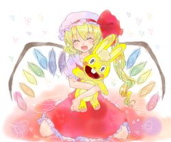  1boy 1girl :d ^_^ ^o^ animal blonde_hair blush closed_eyes coolier crystal cuddles demon_wings dress female flandre_scarlet full_body happy_tree_friends hat mob_cap mondomedia oekaki open_mouth puffy_short_sleeves puffy_sleeves rabbit red_dress short_sleeves simple_background sitting smile solo stuffed_animal stuffed_bunny stuffed_toy team_shanghai_alice touhou vampire wariza white_background wings 