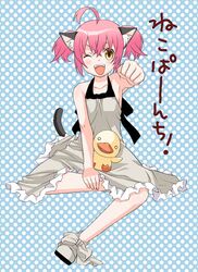  1girl ;d ahoge animal_ears armpits brown_eyes cat_ears clenched_hand collarbone dress grey_dress looking_at_viewer mattaku_mousuke one_eye_closed open_mouth original outstretched_arm pink_hair polka_dot polka_dot_background short_hair sidelocks simple_background sleeveless sleeveless_dress slippers smile solo spread_legs sundress text 