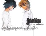  2boys bags_under_eyes black_eyes black_hair brown_eyes brown_hair collared_shirt death_note english from_side l_(death_note) looking_at_viewer looking_to_the_side lowres male_focus multiple_boys shirt white_shirt yagami_light 