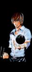  1boy book brown_hair dark death_note death_note_(object) dress_shirt earth holding looking_at_viewer lowres shirt short_hair smile solo world yagami_light 