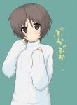  1boy androgynous blush brown_eyes brown_hair little_busters!! male_focus masayu naoe_riki ribbed_sweater short_hair simple_background solo sweater 