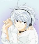  artist_request black_eyes death_note headphones headset microphone near open_clothes open_shirt shirt silver_hair smile 