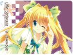  1girl blonde_hair bow hair_bow one_eye_closed rei_(artist) rei_(rei&#039;s_room) solo twintails wink 