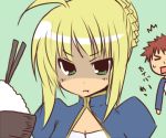  1boy 1girl ahoge aoi_tobira blonde_hair chibi chopsticks emiya_shirou fate/stay_night fate_(series) food green_background green_eyes hitori_osero rice saber simple_background 